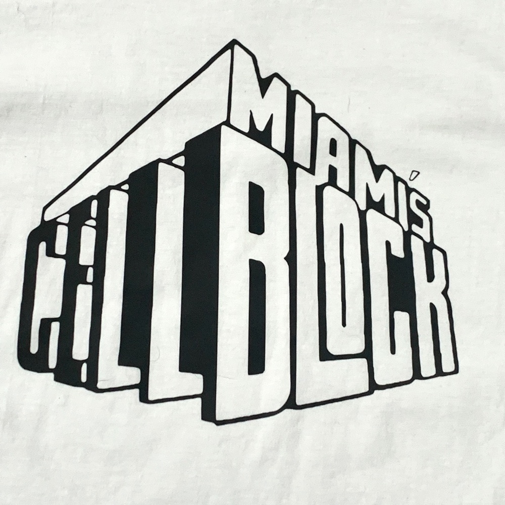 Handmade Miami Cell Block Size L White T-Shirt.  100% Cotton Hanes T-Shirt